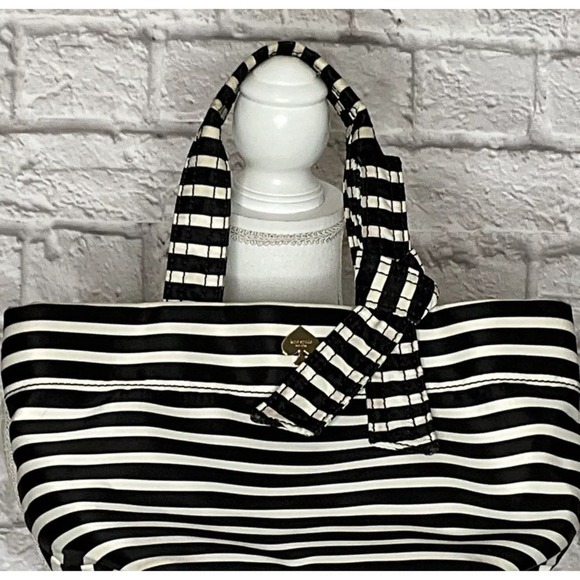 Kate Spade Hana Flatiron Handbag - Black White Stripe with Bow - Picture 3 of 15